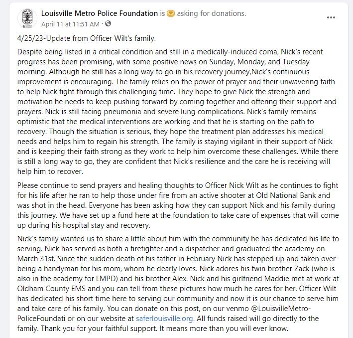Facebook post from Louisville Metro Police Foundation update on Nick Wilt - 4.26.23